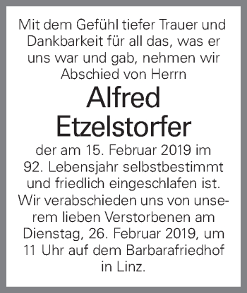 Traueranzeige von Alfred Etzelstorfer von OÖNachrichten