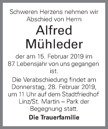 Traueranzeige von Alfred Mühleder von OÖNachrichten