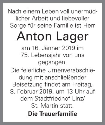 Traueranzeige von Anton Lager von OÖNachrichten