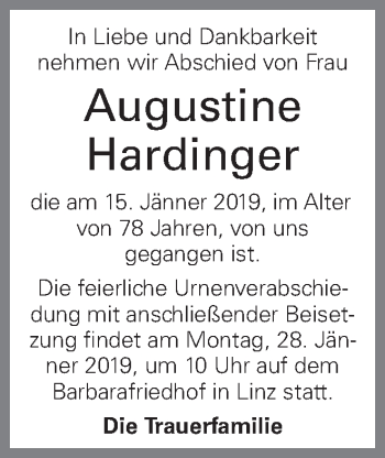 Traueranzeige von Augustine Hardinger von OÖNachrichten
