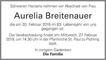 Traueranzeige von Aurelia Breitenauer von OÖNachrichten