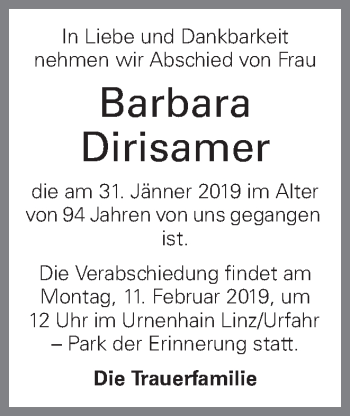 Traueranzeige von Barbara Dirisamer von OÖNachrichten