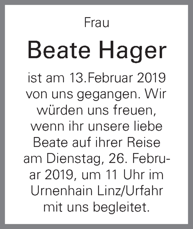  Traueranzeige für Beate Hager vom 20.02.2019 aus OÖNachrichten