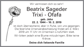 Traueranzeige von Beatrix Sageder Trixi - Ofafa von OÖNachrichten