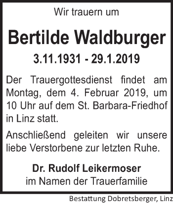 Traueranzeige von Bertilde Waldburger von OÖNachrichten