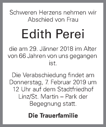 Traueranzeige von Edith Perei von OÖNachrichten