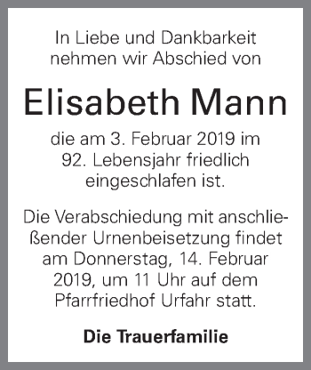 Traueranzeige von Elisabeth Mann von OÖNachrichten