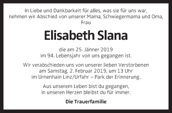 Traueranzeige von Elisabeth Slana von OÖNachrichten