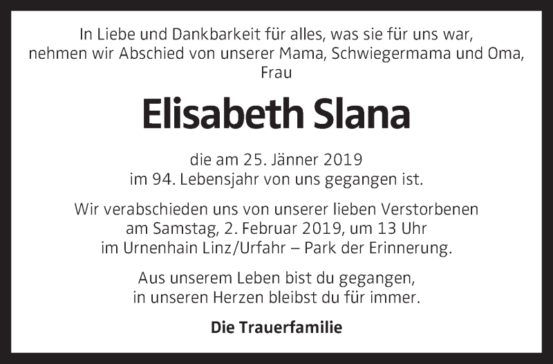  Traueranzeige für Elisabeth Slana vom 30.01.2019 aus OÖNachrichten