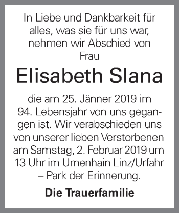 Traueranzeige von Elisabeth Slana von OÖNachrichten