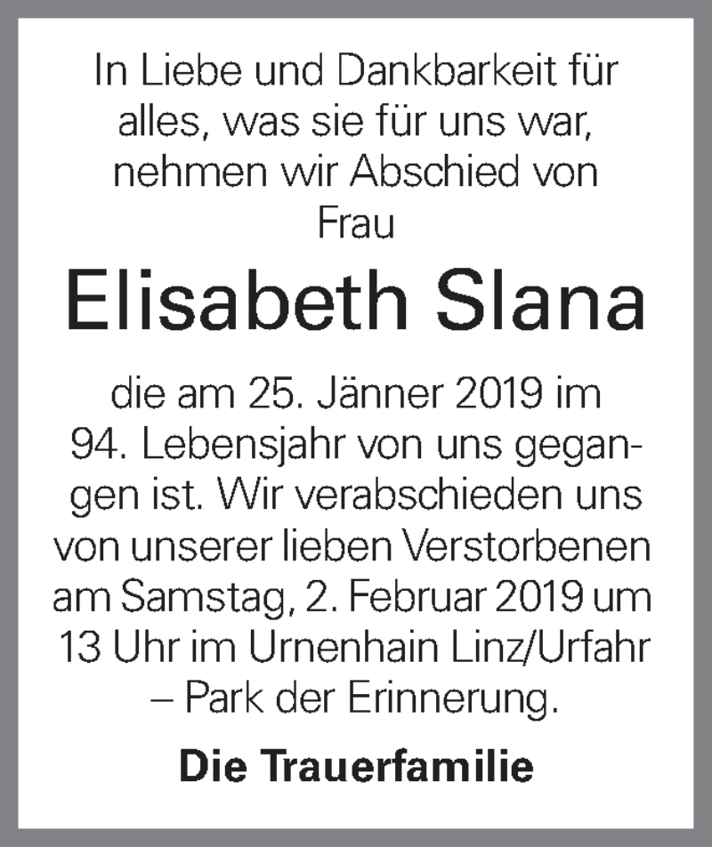  Traueranzeige für Elisabeth Slana vom 31.01.2019 aus OÖNachrichten
