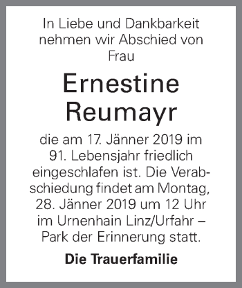 Traueranzeige von Ernestine Reumayr von OÖNachrichten
