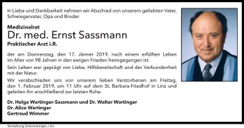Traueranzeige von Ernst Sassmann von OÖNachrichten