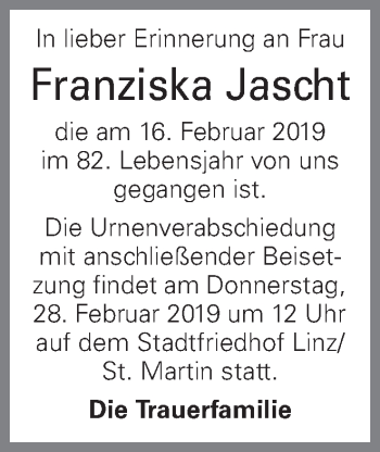 Traueranzeige von Franziska Jascht von OÖNachrichten