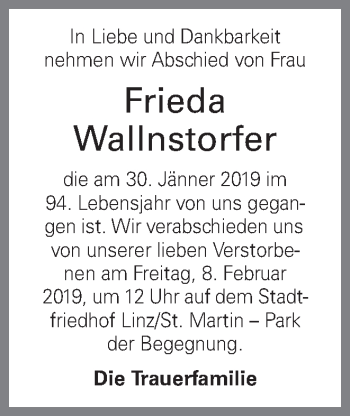 Traueranzeige von Frieda Wallnstorfer von OÖNachrichten