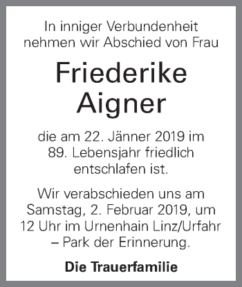 Traueranzeige von Friederike Aigner von OÖNachrichten