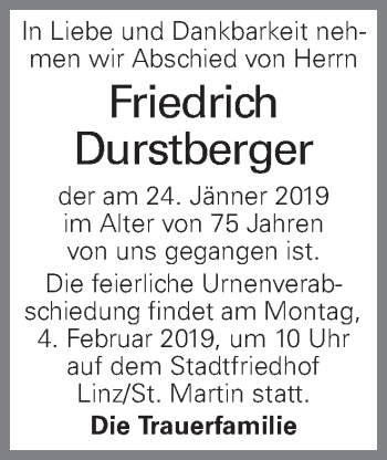 Traueranzeige von Friedrich Durstberger von OÖNachrichten