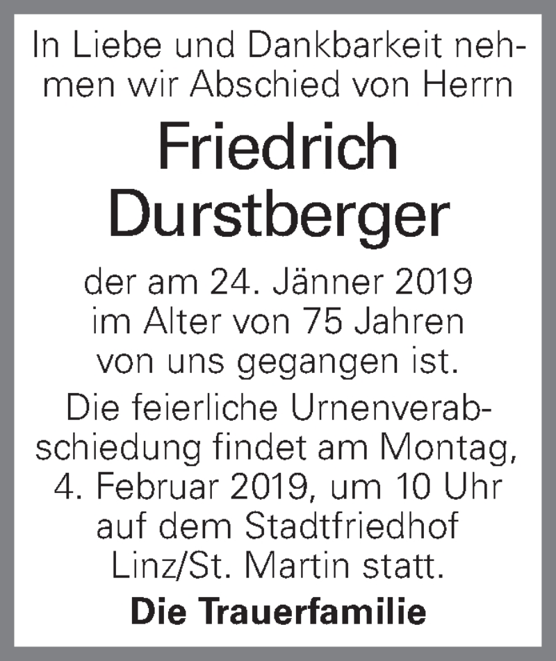  Traueranzeige für Friedrich Durstberger vom 30.01.2019 aus OÖNachrichten