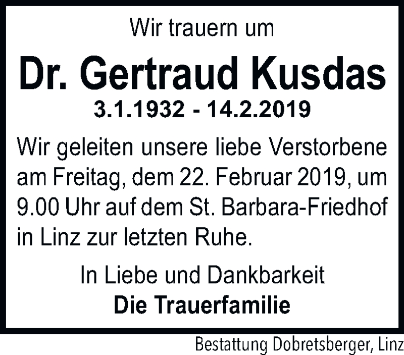  Traueranzeige für Gertraud Kusdas vom 16.02.2019 aus OÖNachrichten