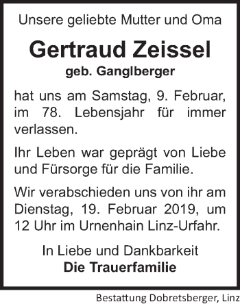 Traueranzeige von Gertraud Zeissel von OÖNachrichten