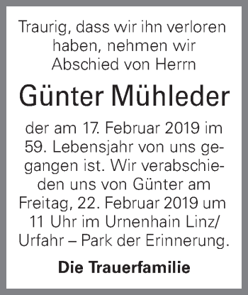 Traueranzeige von Günter Mühleder von OÖNachrichten