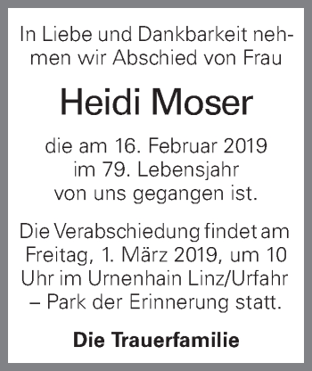 Traueranzeige von Heidi Moser von OÖNachrichten