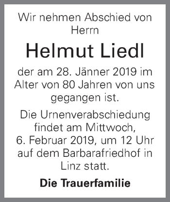 Traueranzeige von Helmut Liedl von OÖNachrichten