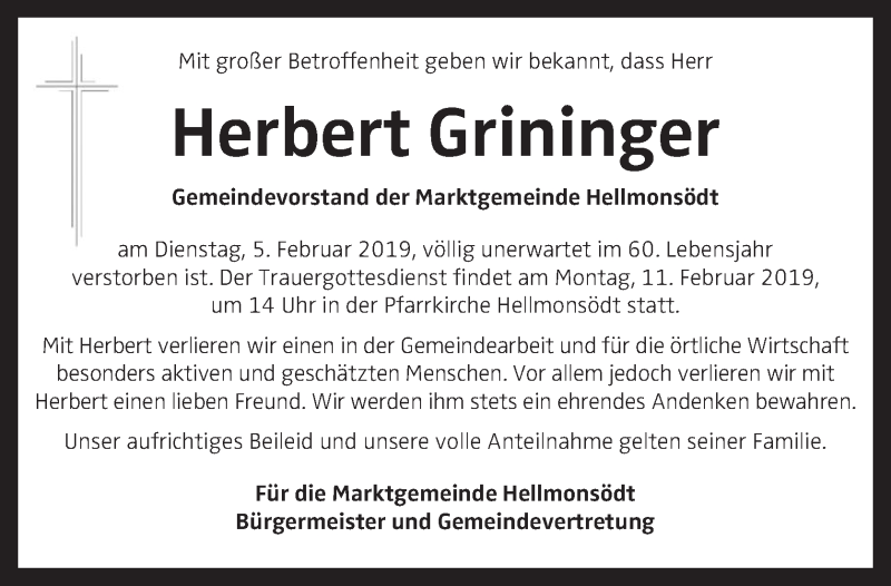  Traueranzeige für Herbert Grininger vom 09.02.2019 aus OÖNachrichten