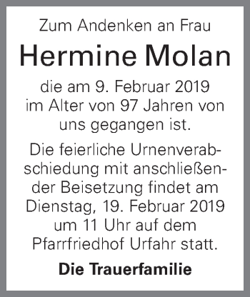 Traueranzeige von Hermine Molan von OÖNachrichten