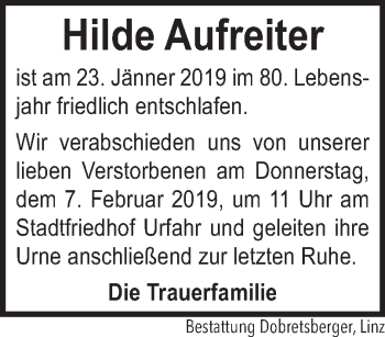 Traueranzeige von Hilde Aufreiter von OÖNachrichten