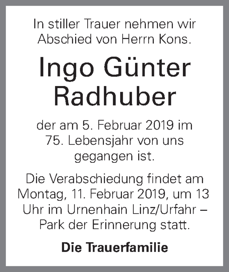  Traueranzeige für Ingo Günter Radhuber vom 09.02.2019 aus OÖNachrichten