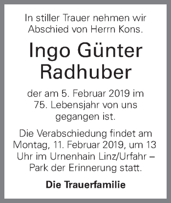 Traueranzeige von Ingo Günter Radhuber von OÖNachrichten