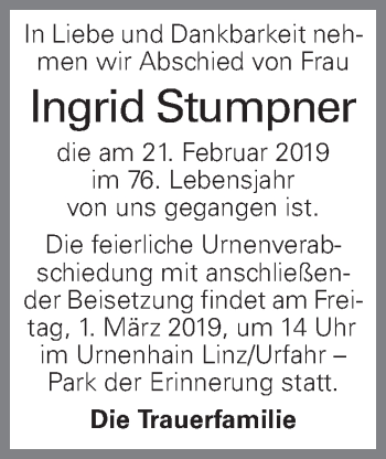 Traueranzeige von Ingrid Stumpner von OÖNachrichten