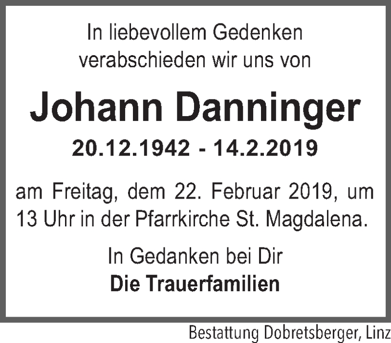 Traueranzeige für Johann Danninger vom 16.02.2019 aus OÖNachrichten