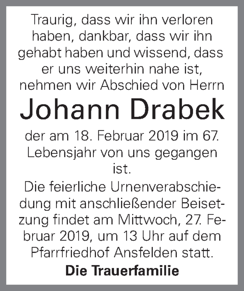  Traueranzeige für Johann Drabek vom 22.02.2019 aus OÖNachrichten