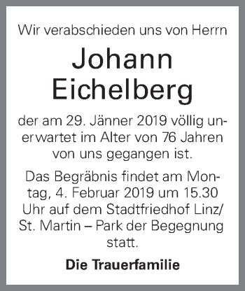 Traueranzeige von Johann Eichelberg von OÖNachrichten
