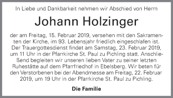 Traueranzeige von Johann Holzinger von OÖNachrichten