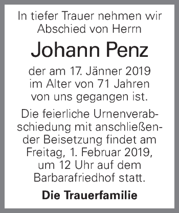Traueranzeige von Johann Penz von OÖNachrichten