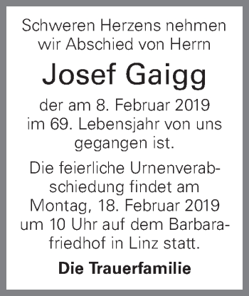 Traueranzeige von Josef Gaigg von OÖNachrichten