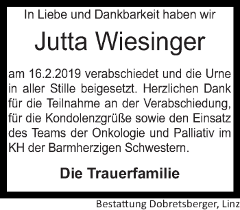 Traueranzeige von Jutta Wiesinger von OÖNachrichten