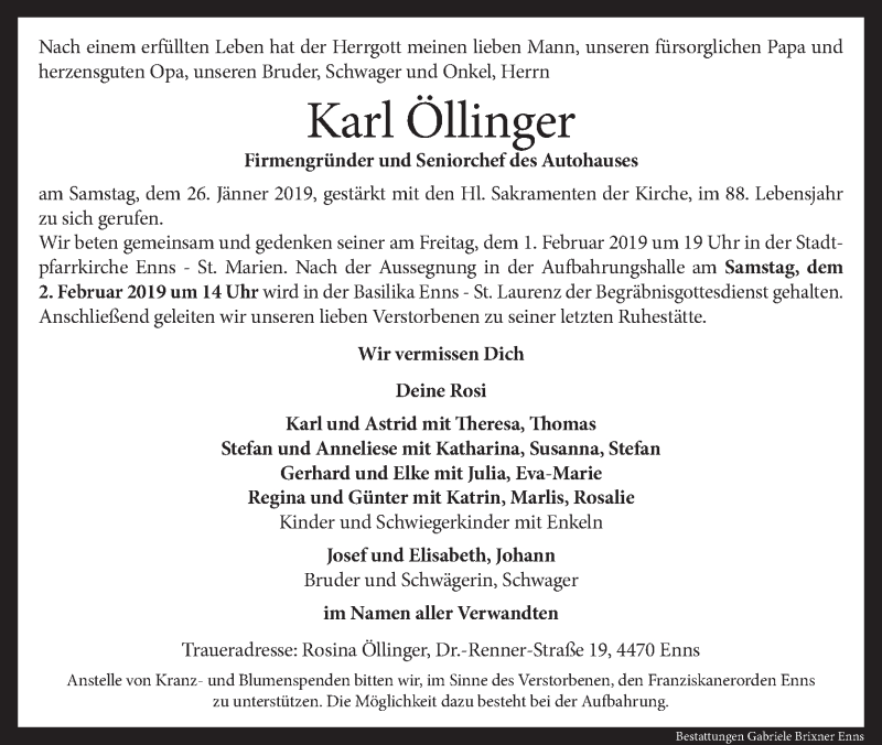  Traueranzeige für Karl Öllinger vom 31.01.2019 aus OÖNachrichten