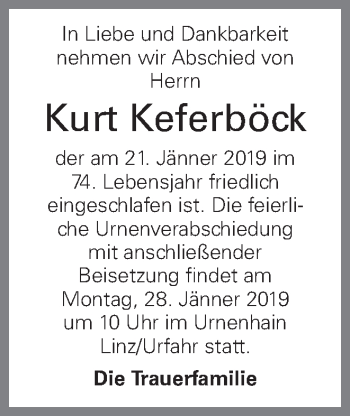 Traueranzeige von Kurt Keferböck von OÖNachrichten