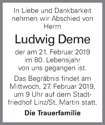 Traueranzeige von Ludwig Deme von OÖNachrichten