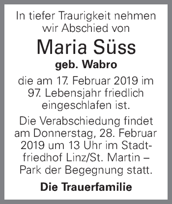 Traueranzeige von Maria Süss von OÖNachrichten