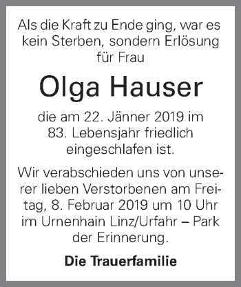 Traueranzeige von Olga Hauser von OÖNachrichten