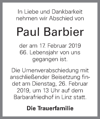 Traueranzeige von Paul Barbier von OÖNachrichten