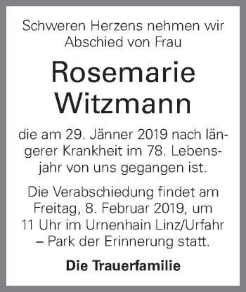 Traueranzeige von Rosemarie Witzmann von OÖNachrichten