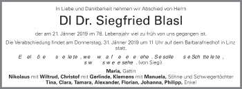 Traueranzeige von Siegfried Blasl von OÖNachrichten