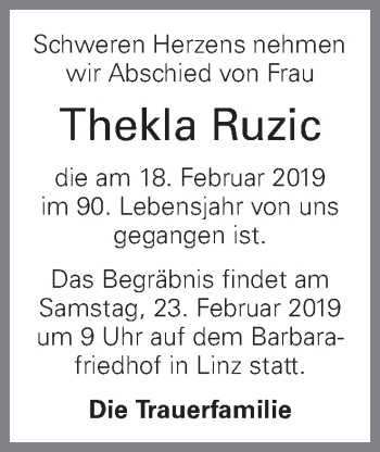 Traueranzeige von Thekla Ruzic von OÖNachrichten