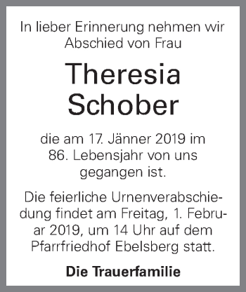 Traueranzeige von Theresia Schober von OÖNachrichten